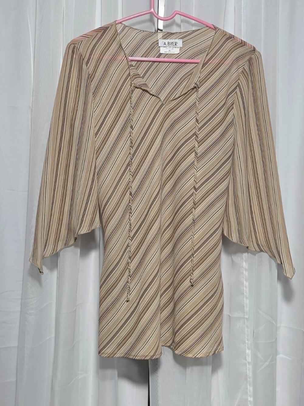 Vintage A. Byer Brown Stripe Sheer Mesh Bell Sleeve Top Size XL Made in USA